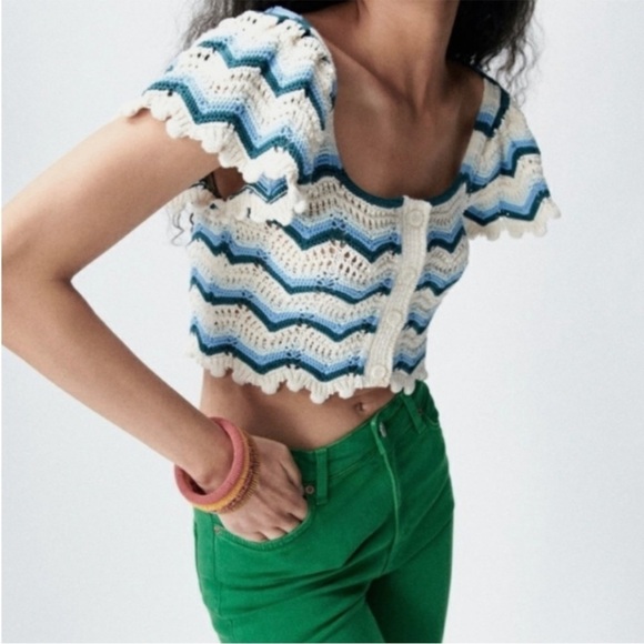 Zara Crochet Knit Chevron Crop Top Size Medium - Picture 1 of 13